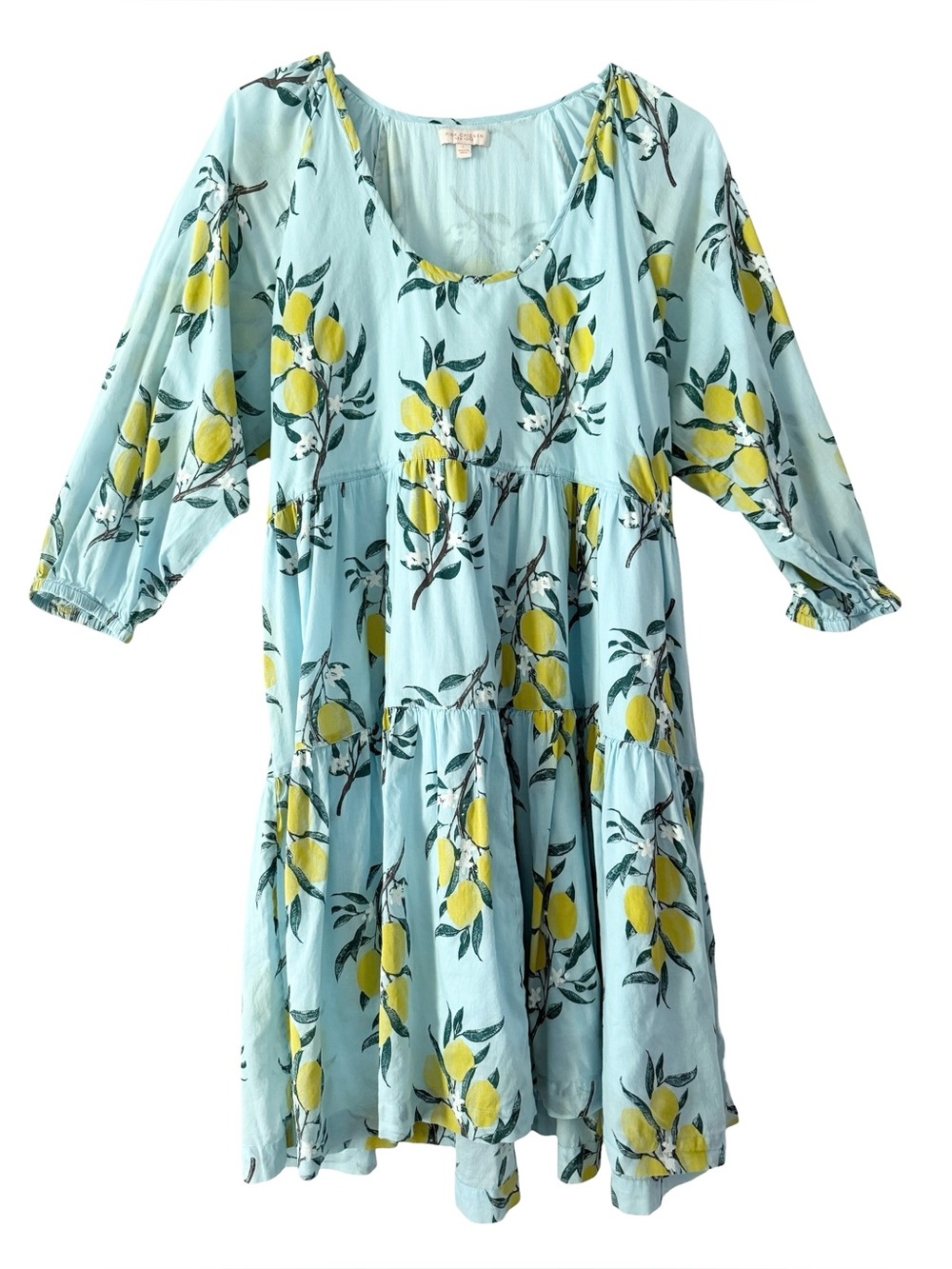 100% Cotton Pink Chicken Light Blue Babydoll Dress w Artistic Lemons Size Large